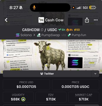 The image shows a crypto trading interface for "Cash Cow" ($CASHCOW) on Solana via PumpSwap, displaying a meme cow image with $0.0007135 price, $88K liquidity, and $713K market cap, supporting the post's promotion of $CASHCOW as an alternative to mainstream platforms like Robinhood.