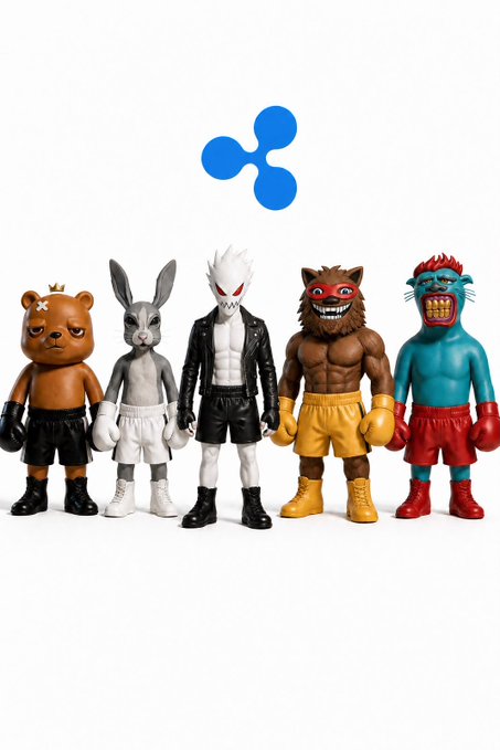 Five designer art toy figurines stand in a row wearing boxing gear, including a bear, rabbit, white-haired fighter, wolf, and blue creature, displayed beneath the Ripple (XRP) cryptocurrency logo.