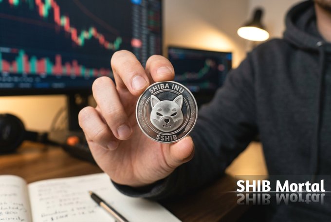 A person in a dark hoodie holds a Shiba Inu (SHIB) cryptocurrency coin up to the camera, with a stock chart displaying red candles visible on a monitor in the background; branded as SHIB Mortal.