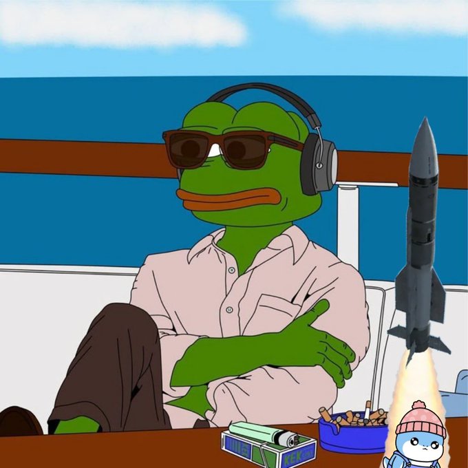 Cartoon illustration of a relaxed green frog wearing sunglasses, headphones, and a pink button-up shirt sitting with a rocket launching beside it and small character figurines.