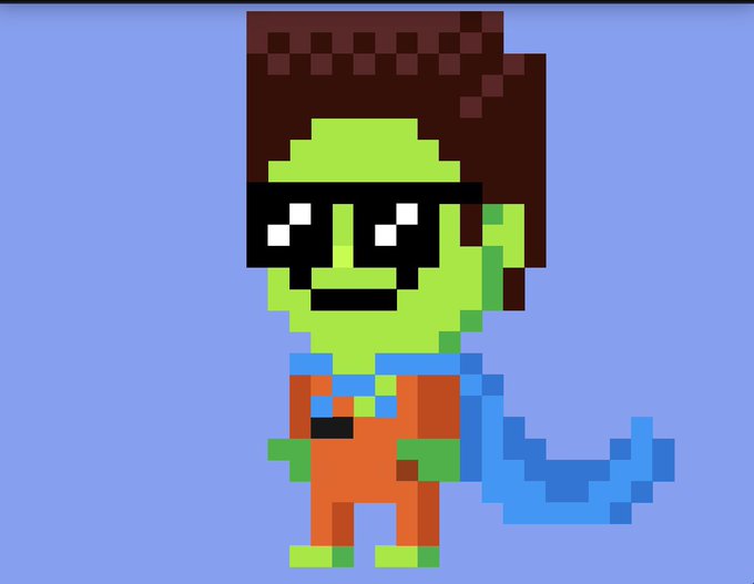 A pixelated green character with brown hair, sunglasses, an orange jumpsuit, and a blue cape stands against a solid light blue background.