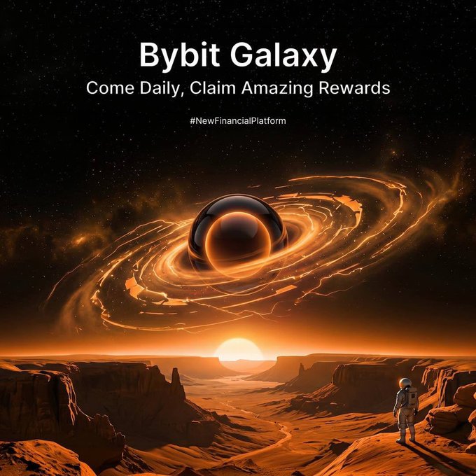 The promotional image features the text "Bybit Galaxy — Come Daily, Claim Amazing Rewards — #NewFinancialPlatform" against a dramatic cosmic backdrop of a glowing black hole swirling over a Martian canyon with a lone astronaut and a rising sun. The cosmic "galaxy" theme visually reinforces the post's message that all Bybit activities—from Spot and Futures to Earn and TradFi—now exist within one rewards-collecting ecosystem.