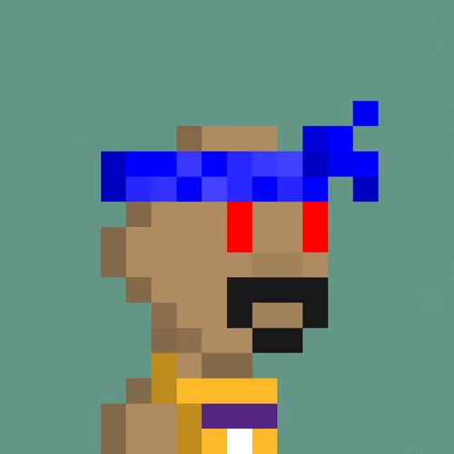 A simple pixel art portrait of a character wearing a blue headband with red eyes, set against a teal background.