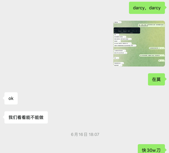 A WhatsApp conversation screenshot showing exchanges about a phishing incident, with messages including "darcy, darcy," "在莫," "ok," "我们看看能不能做" (let's see if we can do it), "6月16日 18:07" (June 16, 6:07 PM), and "快30w刀" (almost 300k), alongside a screenshot of what appears to be a phishing chat where scammers imitated Google support.