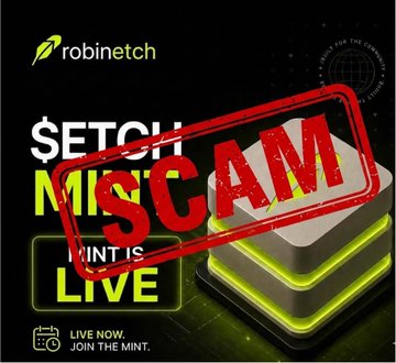 A graphic from 'robine tch' advertising a 'SETCH MINT IS LIVE' event, overlaid with a large red 'SCAM' stamp.