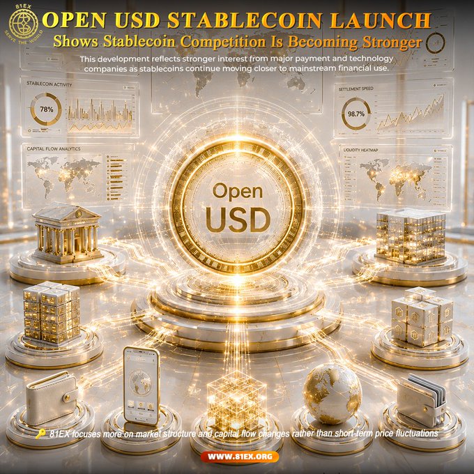 The image is a promotional graphic titled "OPEN USD STABLECOIN LAUNCH" from 81EX, featuring a glowing golden "Open USD" coin at the center surrounded by symbols of financial infrastructure (banks, mobile payments, global networks) and data dashboards showing metrics like 78% Stablecoin Activity and 98.7% Settlement Speed. It visually reinforces the announcement that a consortium including Visa, Mastercard, and Coinbase has launched Open USD, highlighting the intensifying competition in the stablecoin market as traditional finance companies move deeper into digital assets.