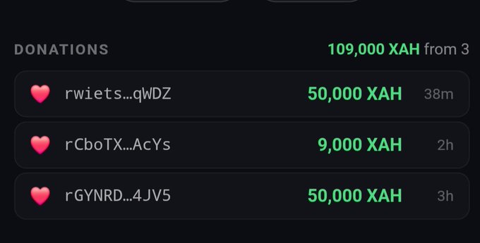 The image shows a screenshot of a spreadsheet with four columns labeled as follows: "Donations", "Rwietts.qqz", "rCybots.acys", and "rCybots.qwe". At the bottom, there is a column that reads "100k #XAH! Thank you @WietseWind" with an exclamation point indicating that someone donated 100,000 XAH to the cause.