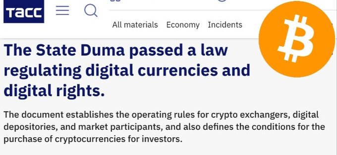 TASS headline announces Russia's State Duma passing its first comprehensive law regulating digital currencies and digital rights, establishing operational rules for crypto exchanges, depositories, and investors. The image features a Bitcoin symbol, visually connecting the news to Russia's emerging cryptocurrency regulatory framework.