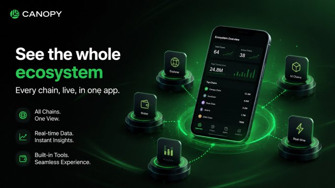 A marketing graphic for an app called 'CANOPY' with the headline 'See the whole ecosystem', featuring a smartphone displaying crypto statistics surrounded by floating 3D icons representing Explorer, Builder, Wallet, and Real-time features.