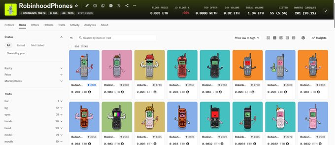 A screenshot of the 'RobinhoodPhones' NFT collection page on OpenSea, displaying a grid of 555 items featuring pixel art phone characters with prices listed in ETH.