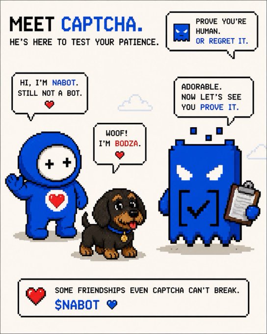 A pixel art graphic titled 'MEET CAPTCHA' showing a blue character labeled 'NABOT', a dog labeled 'BODZA', and an angry blue CAPTCHA bot, with a $NABOT ticker at the bottom.