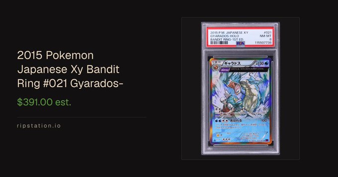 A listing for a '2015 Pokemon Japanese Xy Bandit Ring #021 Gyarados-' with an estimated value of $391.00 from ripstation.io, shown alongside a PSA-graded card image.