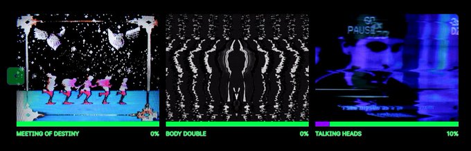 Three glitch-art style images with labels 'MEETING OF DESTINY', 'BODY DOUBLE', and 'TALKING HEADS' showing pixelated, distorted figures.