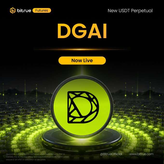 A promotional graphic for Bitrue Futures announcing a 'New USDT Perpetual' listing for 'DGAI' with a 'Now Live' button and a glowing green logo on a platform.