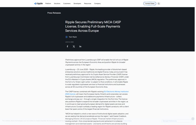 A screenshot of a Ripple press release webpage dated June 23, 2026, titled "Ripple Secures Preliminary MiCA CASP License, Enabling Full-Scale Payments Services Across Europe," announcing that Ripple's Luxembourg subsidiary received preliminary approval from the CSSF to become a Crypto-Asset Service Provider (CASP) under the EU's MiCA regulation, complementing its existing Electronic Money Institution license to offer expanded crypto and stablecoin payment services across more than 30 EEA countries.