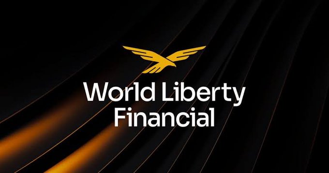 The image features the logo of "World Liberty Financial" with a stylized golden eagle above the white text, set against a black background with diagonal orange light streaks. This branding represents the family crypto venture that serves as the primary source of Barron Trump's $150M net worth, as highlighted in the post.