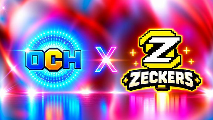 A promotional graphic announcing a collaboration between 'OCH' and 'ZECKERS' logos, set against a vibrant pink and blue neon background.
