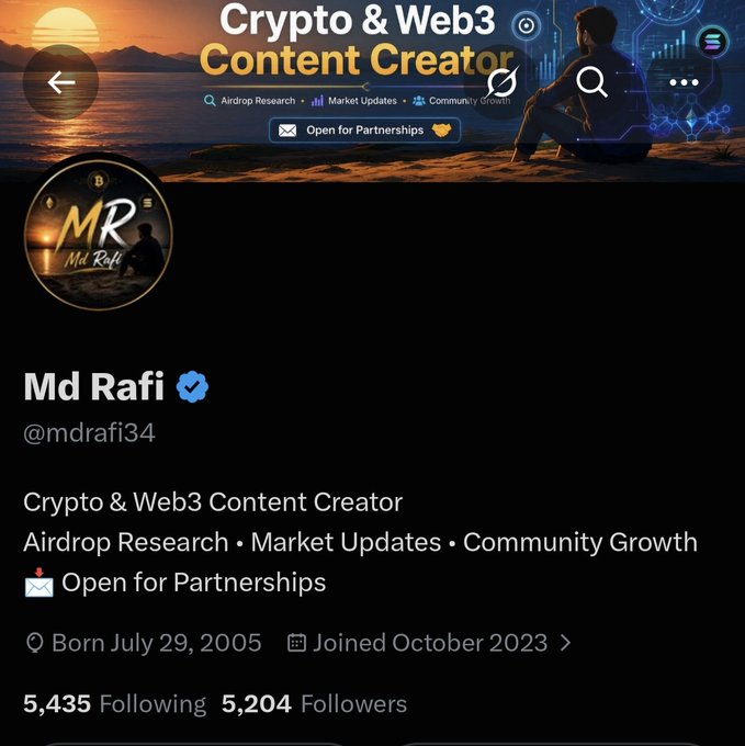 An X/Twitter profile for 'Md Rafi' (@mdrafi34), a Crypto & Web3 Content Creator with 5,204 followers, open for partnerships.