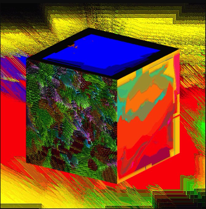 A vibrant, glitch-style digital artwork featuring a 3D cube with a textured green face and smooth red/orange face, set against a chaotic, brightly colored abstract background.