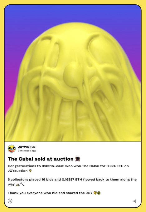 An Instagram-style post from JOYWORLD announcing 'The Cabal sold at auction 🏆' to winner 0x021b...eaa2 for 0.924 ETH on JOYauction, featuring a yellow Cthulhu-like 3D figure.