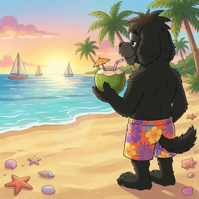 A fluffy black dog in vibrant Hawaiian floral swim trunks sips from a coconut drink with a straw and tiny umbrella, gazing out at sailboats on a tranquil turquoise sea during a golden sunrise. The image captures the tropical paradise vibe of the caption "sipping sunrise in paradise."