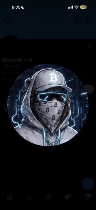 A digital avatar profile picture featuring a stylized character wearing a Bitcoin logo cap and bandana, set against a dark blue neon background.