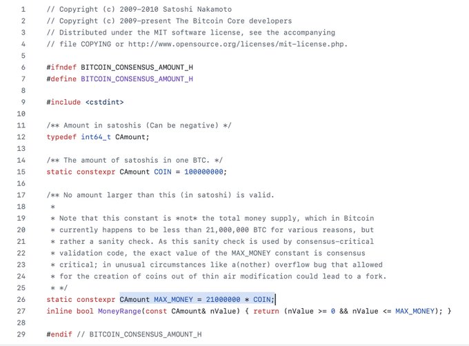 A snippet of C++ source code from Bitcoin Core defining the amount.h consensus header, including the COIN (100000000) and MAX_MONEY (21000000 * COIN) constants for satoshi amounts.