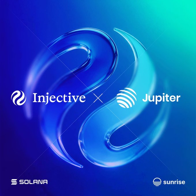 A promotional graphic with a blue swirling design displaying the logos 'Injective x Jupiter' in the center, with 'SOLANA' and 'sunrise' logos at the bottom corners.