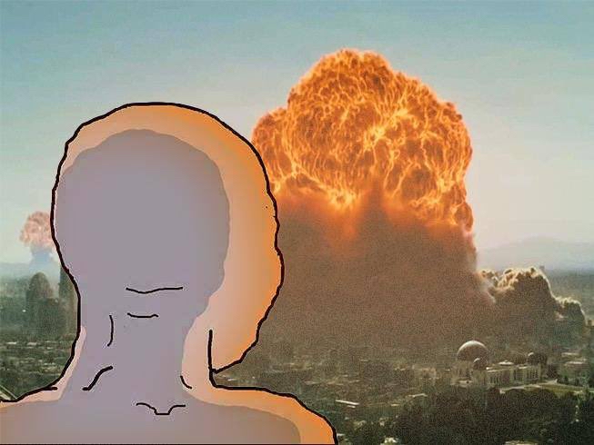 A gray silhouette of a person is superimposed over a massive fiery explosion in the background, visually illustrating the post's warning that new cryptocurrencies will "all go to 0" and urging projects to return to mainnet "or pay the ultimate price" of failing dramatically like the blast behind them.