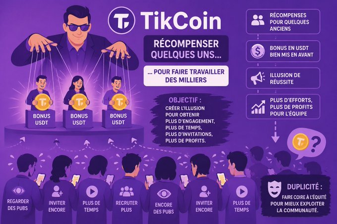 An infographic titled "TikCoin" accuses the project of being a manipulative scheme, depicting a puppet master controlling three users labeled "BONUS USDT" while a crowd below is told to "REGARDER DES PUBS," "INVITER," and "PLUS DE TEMPS." The accompanying text explains the theory that TikCoin rewards only a few early members with USDT bonuses to create a false illusion of success, exploiting the community for engagement, time, and profit.