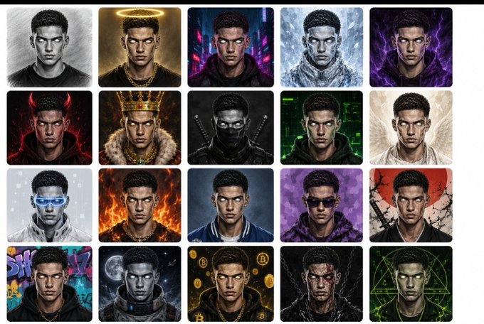 A grid of twenty stylized portraits shows the same young man reimagined in various themes, including angelic, demonic, royal, cyberpunk, and fiery scenarios.