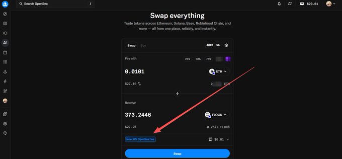 Screenshot of a Uniswap interface titled 'Swap everything' showing a token swap between ETH and FLOCK, with a red arrow pointing to a 'New: 0% OpenGas Fee' badge.