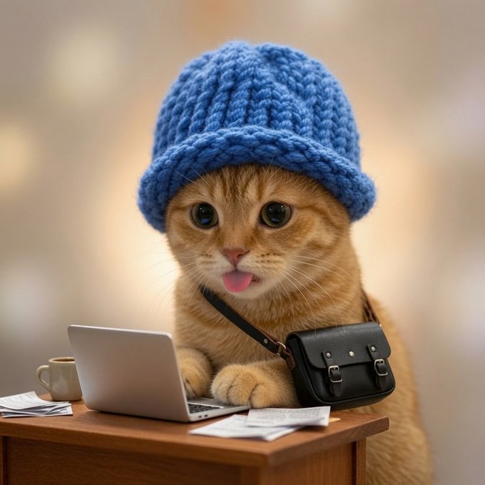 An adorable orange tabby cat wearing an oversized blue knit beanie sits at a wooden desk, tongue playfully out, working on a laptop with a small black satchel bag slung across its body, while papers and a coffee mug rest nearby—perfectly embodying the meme's "bag working" hustle as it stacks on the $catwif crypto.