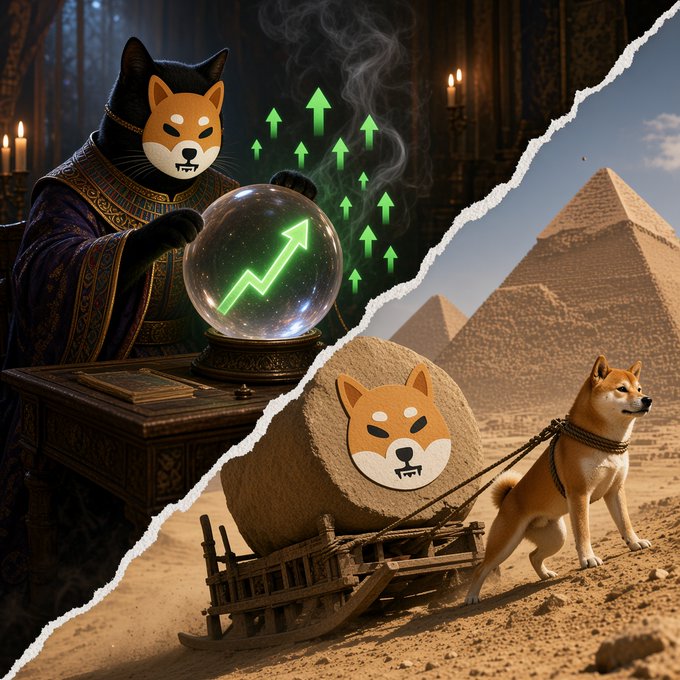 A split image AI-generated meme featuring a Shiba Inu dog dressed as a fortune teller with a crystal ball on the left, and a Shiba Inu pulling a stone block near Egyptian pyramids on the right, both containing Shiba faces.