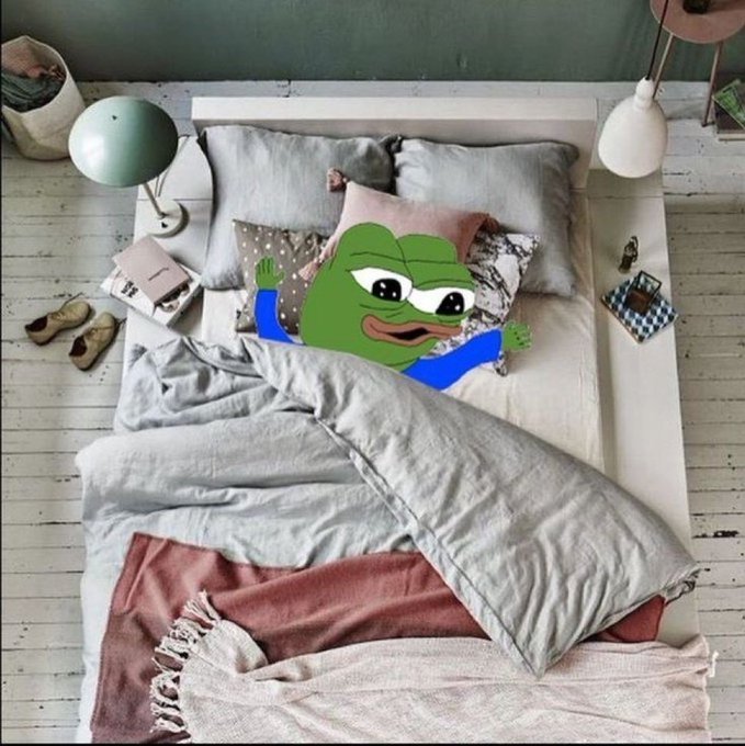 An overhead view of a bedroom with a bed where a Pepethe Frog meme plush/pillow is tucked under gray covers.