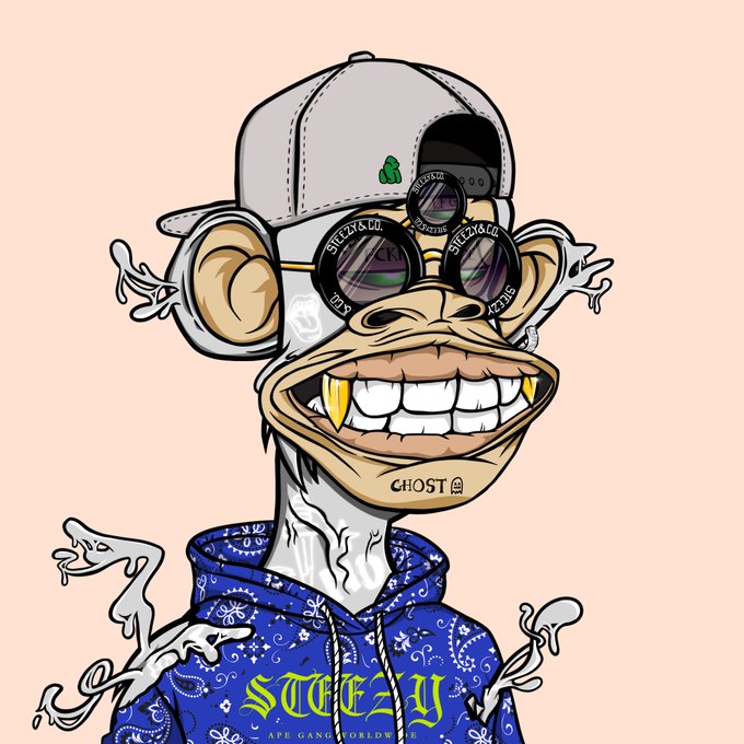 A digital cartoon illustration of a gold-toothed ape character wearing a backwards cap, sunglasses labeled 'STEEZY & CO.', and a blue bandana-patterned hoodie with 'STEEZY APE GANG WORLDWIDE' text.