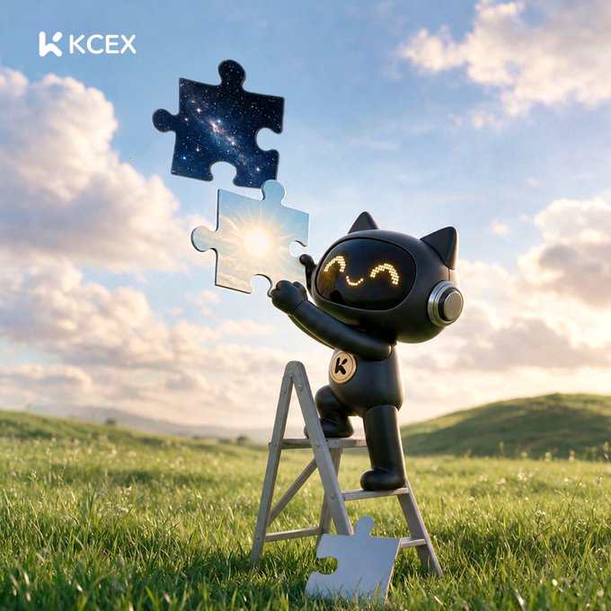 A KCEX-branded image showing a black cat-like robot on a ladder holding up puzzle pieces depicting a starry sky and sun, set against a cloudy sky and green field.