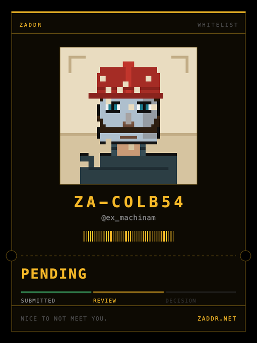 A 'ZADORR' digital ID card in a pixel-art style showing a character with a red mushroom-like cap, labeled 'ZA-COLB54', '@ex_machinam', with a 'PENDING' status on the 'REVIEW' stage of the whitelist process.