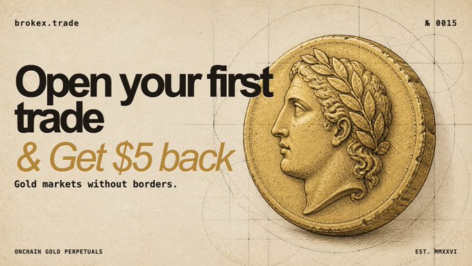 A promotional advertisement for "brokex.trade" featuring a gold coin with a classical profile, with text reading "Open your first trade & Get $5 back" and "Gold markets without borders. ONCHAIN GOLD PERPETUALS EST. MMXXVI № 0015".