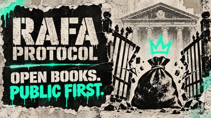 A graffiti-style graphic reads 'RAFA PROTOCOL - OPEN BOOKS. PUBLIC FIRST.' featuring a crowned money bag breaking through prison bars in front of a courthouse.