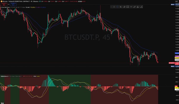 The image shows a bar graph of the bitcoin price movements over time, along with some text that reads " BTCUSDT TP 45", which possibly refers to the Bitcoin Trading System. The graph appears to be of a downward sloping trend in recent weeks as indicated by the downward trend lines on the x-axis and the negative values on the y-axis. This might suggest an ongoing downtrend in bitcoin prices, causing some investors to lose money or feel uncertain about future returns due to market fluctuations.