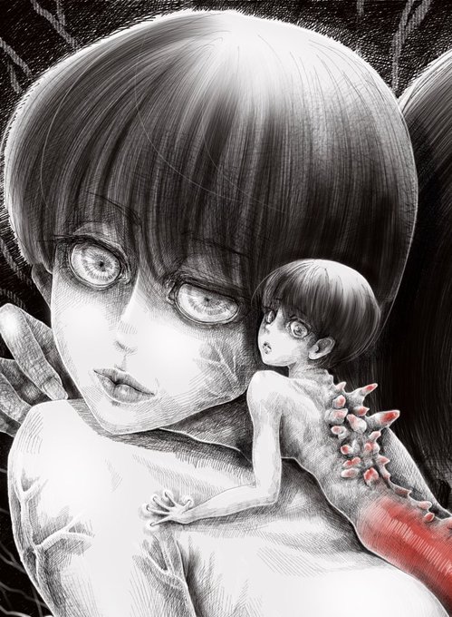 A black and white manga-style illustration depicting a girl with large eyes and short hair, with a smaller doll-like figure on her shoulder that has red-tipped spikes along its back.