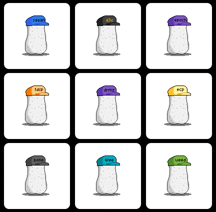 A 3x3 grid of cartoon mushrooms wearing colored caps with labels: japan (blue), sac (black), epoch (purple), lsdP (orange), drmz (purple), ecP (yellow), bone (gray), free (teal), and weed (green).