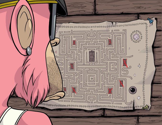 An animated scene showing a pink character with a beard looking at an old treasure map with a maze and red X marks pinned to a wooden surface.