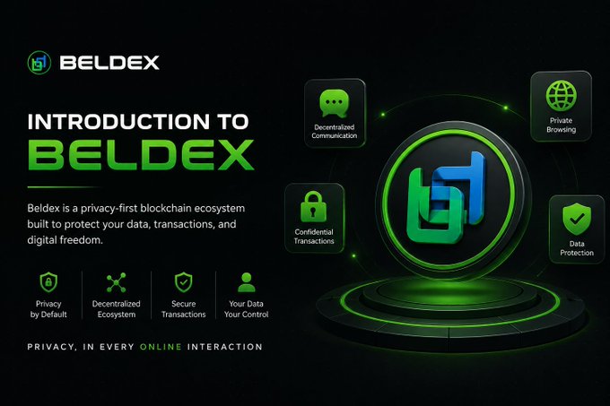 A promotional graphic introducing 'BELDEX', described as a privacy-first blockchain ecosystem, highlighting features like Decentralized Communication, Private Browsing, and Data Protection.