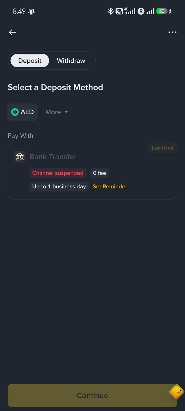 A mobile screenshot of a Binance deposit screen showing "Bank Transfer" marked as "Channel suspended" in red, with AED selected as the currency and a "Set Reminder" option available, illustrating the reported Binance deposit suspension issue.