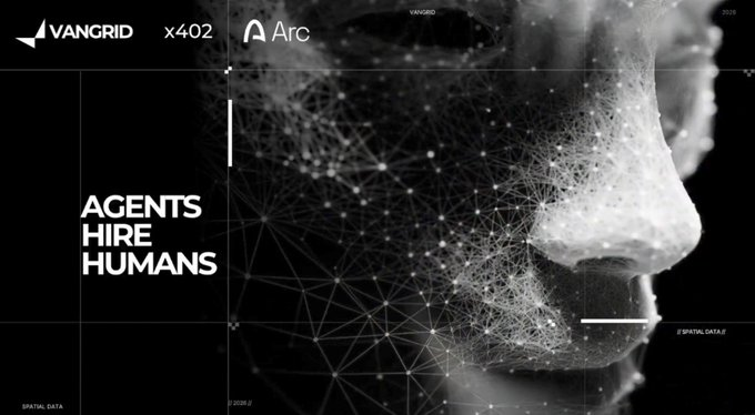 A black and white digital art piece shows a face made of connected dots and lines, with text 'VANGRID x402 Arc', 'AGENTS HIRE HUMANS', and '@PARTIAL.DATA'.