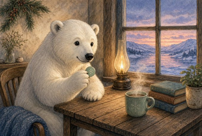 Illustration of a polar bear sitting at a wooden table by a window, holding a mug next to a steaming cup of coffee and a lit oil lamp in a snowy landscape.