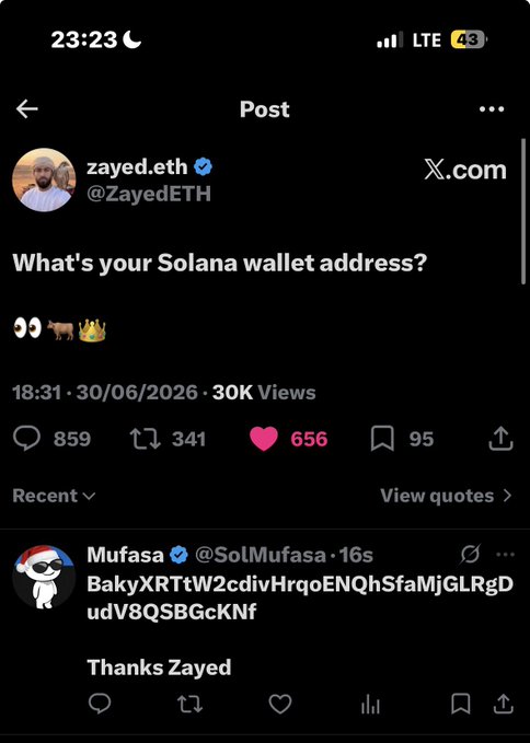A screenshot of a post from @ZayedETH asking "What's your Solana wallet address?" with @SolMufasa replying with the wallet address "BakyXRTtW2cdivHrqoENQhSfaMjGLRgDudV8QSBGcKNf" and thanking Zayed, which matches the accompanying post's content.