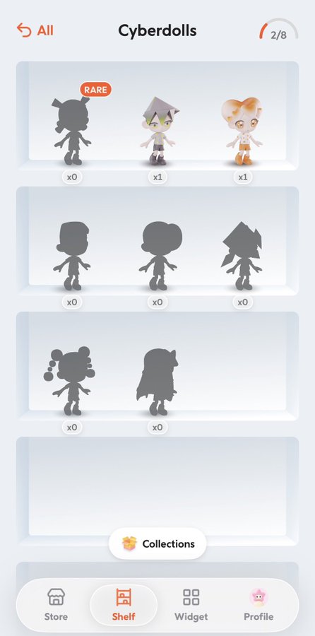 A mobile app screen titled 'Cyberdolls' displays a collection of digital characters with rarity tags and quantity counters (x0, x1), showing progress at 2/8, with navigation tabs for Store, Shelf, Widget, and Profile.